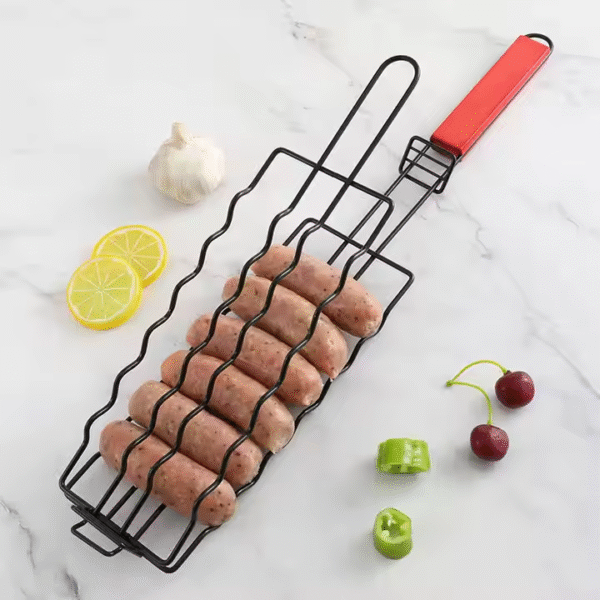 Camping Iron Hot Dog Barbecue Clip Non-stick Ham Sausage Grilling Mesh Clip Holder With Wooden Handle - Image 3