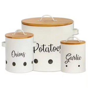 Custom Galvanized Metal Veggie Storage Box with Bamboo Lid for Potato Onion Garlic