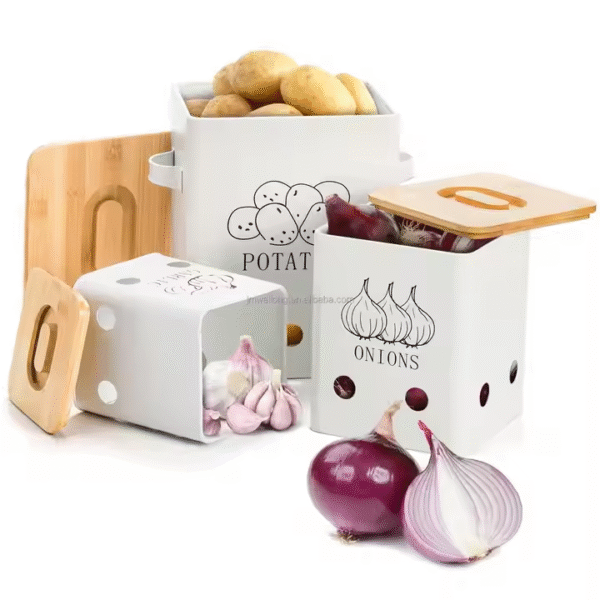 Rectangular Farmhouse Metal Potato, Onion and Garlic Storage Canisters for Kitchen - Image 2