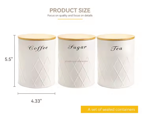 Coffee Tea Sugar Flour Metal Tin Jars Nesting Food Storage Container Set Set of 3 Kitchen Canisters with Airtight Bamboo Lids - Image 3