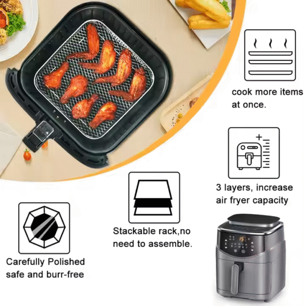 3 Layer 8" Square Air Fryer Grill Rack Stackable Stainless Steel Dehydrator Rack Air Fryer Accessories for Baking Cooking - Image 2