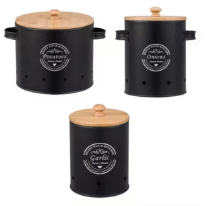 Round Metal Food Canisters Kitchen Onion Garlic Storage Bucket 3pcs Set of Potato Vegetable Storage Bin With Bamboo Lid