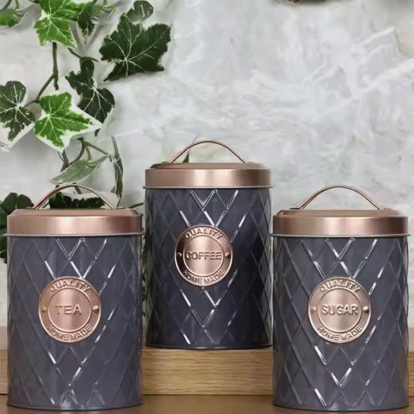 3Pcs Set Grey Tea Coffee Sugar Storage Canisters with Copper Lids - Image 3