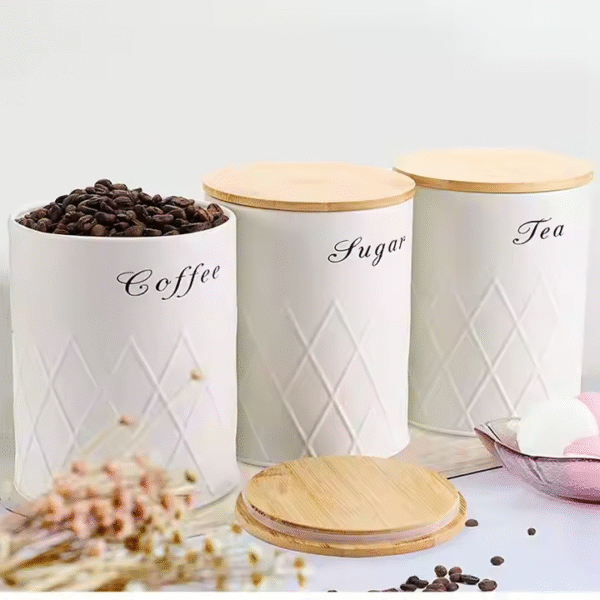 Coffee Tea Sugar Flour Metal Tin Jars Nesting Food Storage Container Set Set of 3 Kitchen Canisters with Airtight Bamboo Lids - Image 2