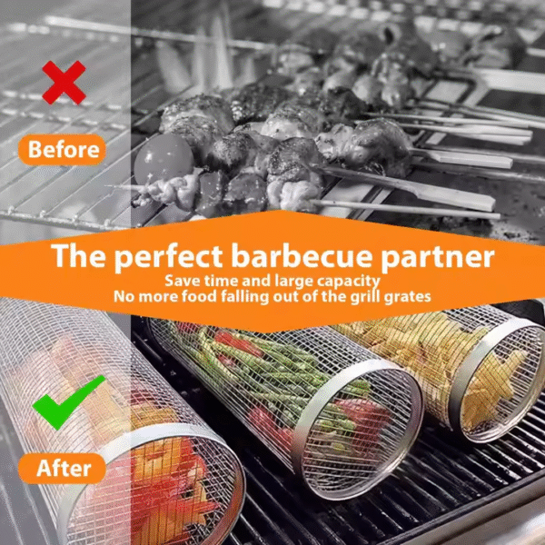 Rolling Grilling Basket for Outdoor Grilling 304 Stainless Steel Round Grill Basket Mesh for Fish Shrimp Meat Vegetables - Image 2