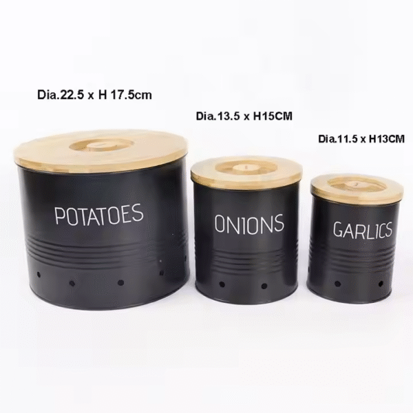 New Design Metal Food Storage Bins Set of 3 for Potato, Onion & Garlic - Image 2