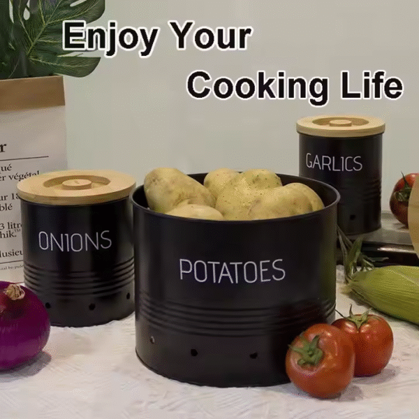 New Design Metal Food Storage Bins Set of 3 for Potato, Onion & Garlic - Image 3