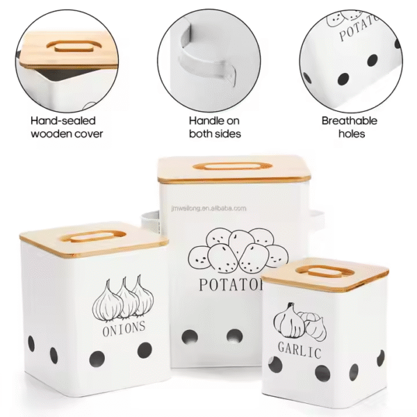 Rectangular Farmhouse Metal Potato, Onion and Garlic Storage Canisters for Kitchen - Image 3