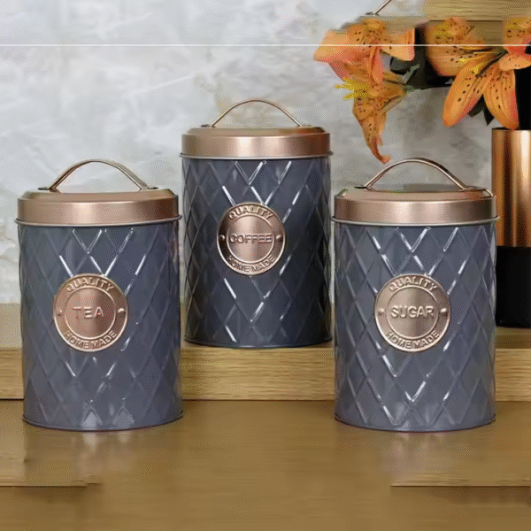 3Pcs Set Grey Tea Coffee Sugar Storage Canisters with Copper Lids - Image 4