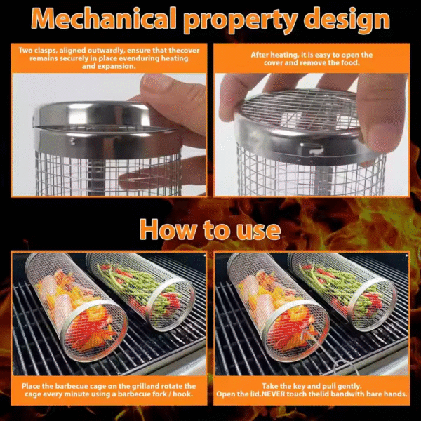Rolling Grilling Basket for Outdoor Grilling 304 Stainless Steel Round Grill Basket Mesh for Fish Shrimp Meat Vegetables - Image 5