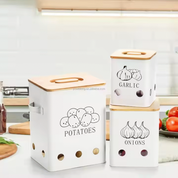 Rectangular Farmhouse Metal Potato, Onion and Garlic Storage Canisters for Kitchen - Image 5