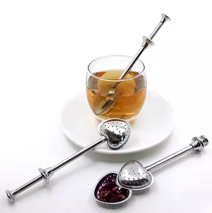 304 Stainless Steel Heart Shaped Mesh Filter Tea Infuser Loose Leaf Tea Strainer With Long Pushing Handle - Image 2