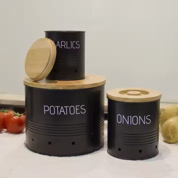 New Design Metal Food Storage Bins Set of 3 for Potato, Onion & Garlic - Image 4