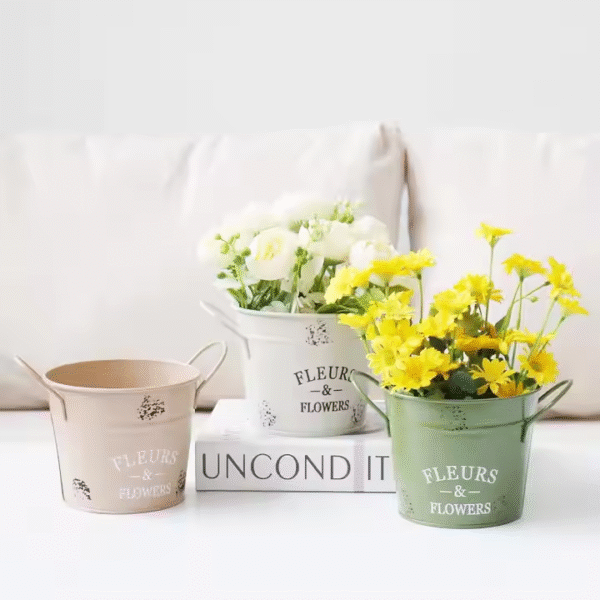 Creative Circular Flowerpot Double Ear Handle Iron Flower Pot Green Plant Balcony Decoration Storage Bucket - Image 6