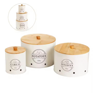 3-Piece Kitchen Counter Canister Set with Bamboo Lids for Garlic, Potato & Onion