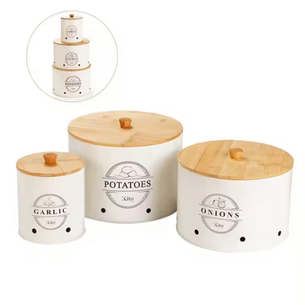 3-Piece Kitchen Counter Canister Set with Bamboo Lids for Garlic, Potato & Onion