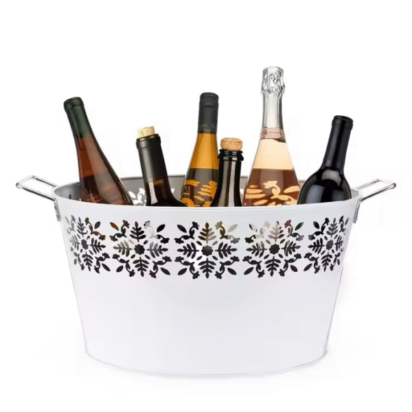 White Coated Metal Wine Cooler with Flower Print Champagne Chiller Beer Ice Bucket Wine Tubs for Bar Night Clubs