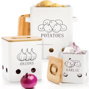 Rectangular Farmhouse Metal Potato, Onion and Garlic Storage Canisters for Kitchen