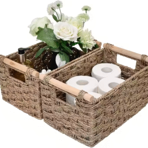 Large Capacity Woven Rattan Basket Hand-Woven Storage Baskets With Wooden Handles