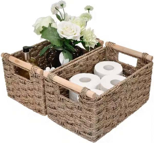 Large Capacity Woven Rattan Basket Hand-Woven Storage Baskets With Wooden Handles