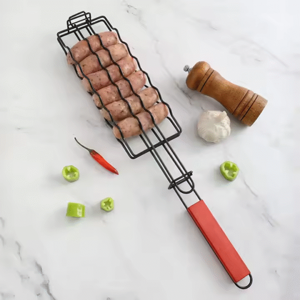 Camping Iron Hot Dog Barbecue Clip Non-stick Ham Sausage Grilling Mesh Clip Holder With Wooden Handle