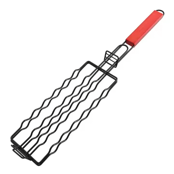 Camping Iron Hot Dog Barbecue Clip Non-stick Ham Sausage Grilling Mesh Clip Holder With Wooden Handle - Image 4
