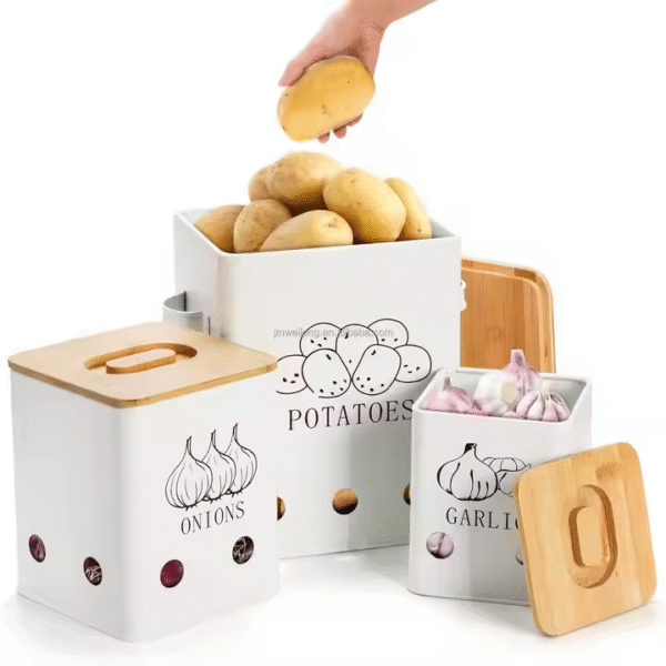 Rectangular Farmhouse Metal Potato, Onion and Garlic Storage Canisters for Kitchen - Image 4