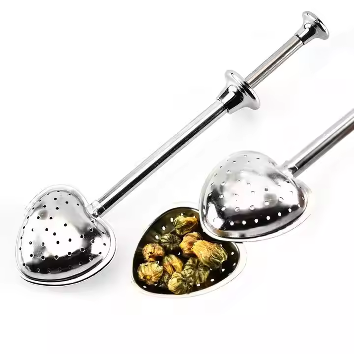304 Stainless Steel Heart Shaped Mesh Filter Tea Infuser Loose Leaf Tea Strainer With Long Pushing Handle