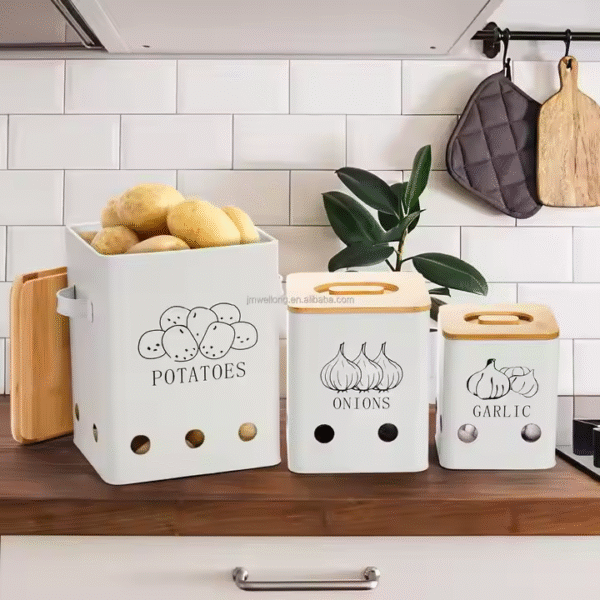 Rectangular Farmhouse Metal Potato, Onion and Garlic Storage Canisters for Kitchen - Image 6