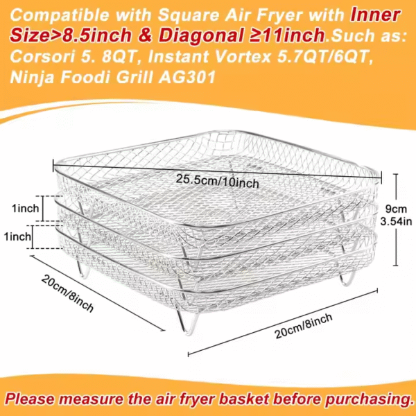 3 Layer 8" Square Air Fryer Grill Rack Stackable Stainless Steel Dehydrator Rack Air Fryer Accessories for Baking Cooking - Image 6