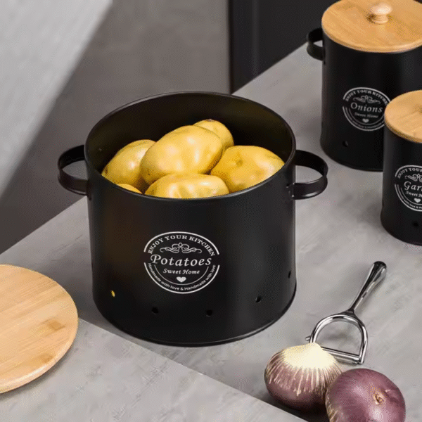 Round Metal Food Canisters Kitchen Onion Garlic Storage Bucket 3pcs Set of Potato Vegetable Storage Bin With Bamboo Lid - Image 4