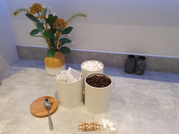 Coffee Tea Sugar Flour Metal Tin Jars Nesting Food Storage Container Set Set of 3 Kitchen Canisters with Airtight Bamboo Lids - Image 2